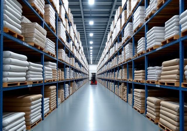 An organised warehouse with shelves stacked high with fabric rolls and finished products.